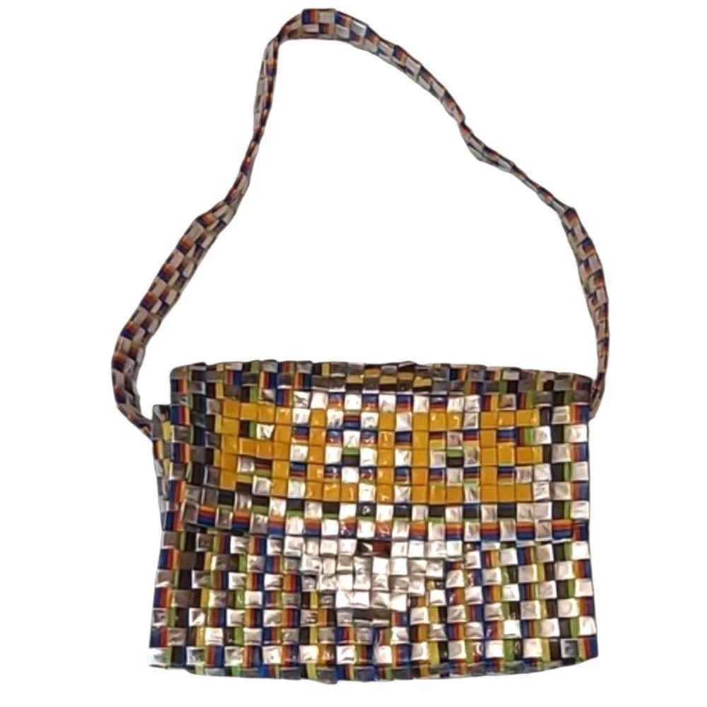Colorful Woven Shoulder Bag Flap Closure Bright Shiny Handbag Artistic Patchwork